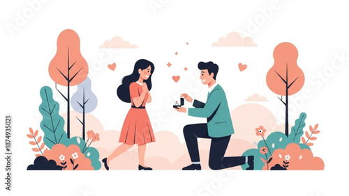 Man proposing marriage to woman with engagement ring in a park romantic proposal scene flat vector illustration for love and relationship concepts
