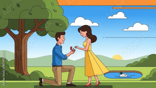Man proposing marriage to woman in park with ring romantic proposal scene illustration for love and relationship concepts