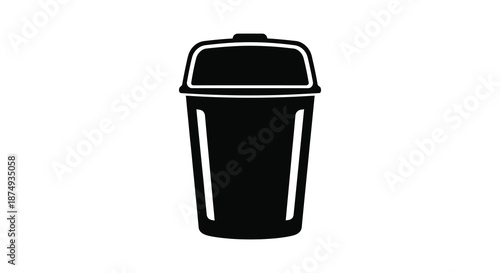 A sleek black trash receptacle with a hinged lid presented as a striking silhouette