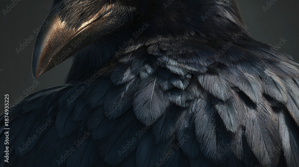 Fototapeta premium A close-up view of a raven's dark feathers, beak, and eye, presenting a mysterious creature