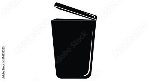 A simple depiction of a black waste bin with its lid open a dark silhouette