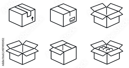 Line art box icon set featuring closed, open, and partially open shipping cartons for delivery and e-commerce