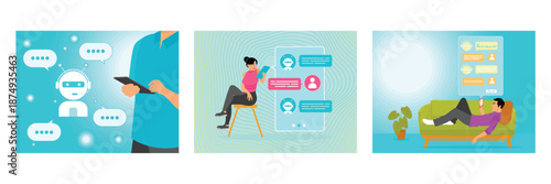 AI Artificial Intelligence. A woman chats with a chat bot. AI automatic answering machine.