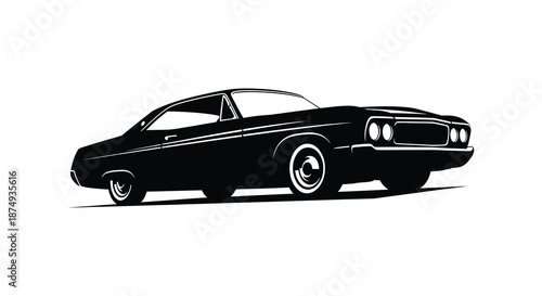 A striking black classic muscle car shown in a bold artistic side view silhouette