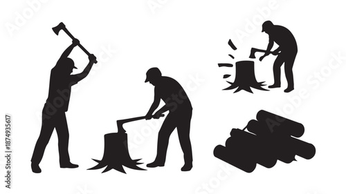 Lumberjack Chopping Wood with Axe Silhouette Set Isolated on White
