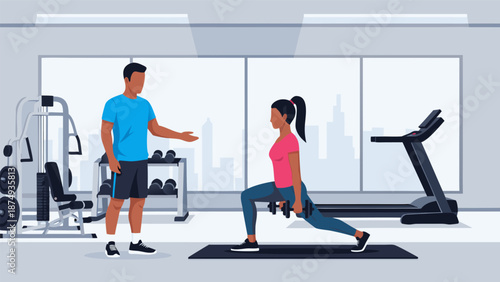 Fitness training vector illustration of a woman performing lunges with dumbbells assisted by a male trainer in a gym setting