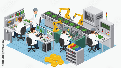 Isometric vector illustration of a modern electronics manufacturing assembly line with robotic arms and workers