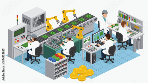 Isometric vector illustration of an electronics manufacturing facility with workers and automated machinery