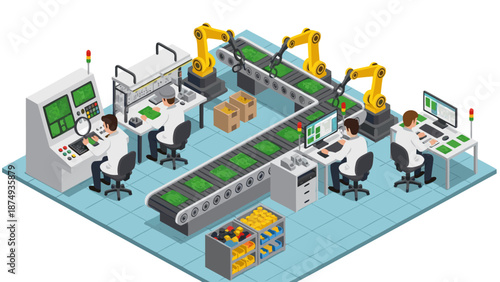 Vector illustration of automated manufacturing assembly line with robotic arms and technicians