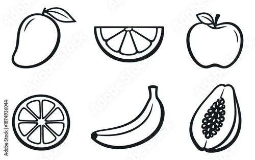 Simple line art fresh fruit icon set featuring a mango, orange, apple, banana, and papaya for healthy eating