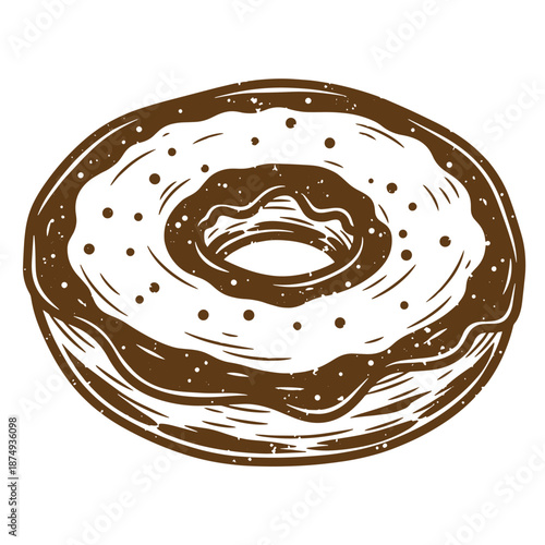 Drawing Vintage Brown donut with white frosting and sprinkles isolated on white background