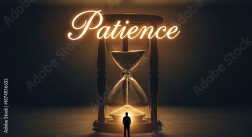 Hourglass with Patience text and silhouette of person