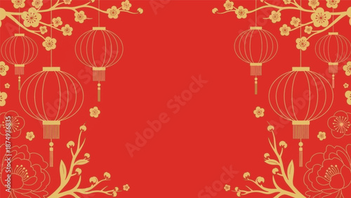 Vibrant Red and Gold Lunar New Year Celebration Background with Traditional Lanterns and Blooming Blossoms – Festive Cultural Design Template