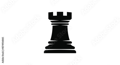 A striking black chess rook is prominently displayed as a bold graphic silhouette