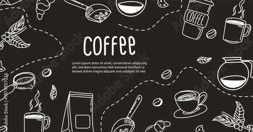 Doodle hand drawn coffee composition, coffee black background
