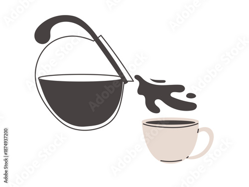 Pouring coffee from kettle into cup illustration