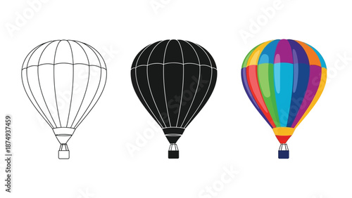 Set of three hot air balloons icons outline, silhouette, and colorful vector illustration