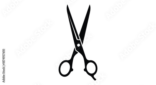 A striking black outline depicts a pair of open scissors against a white background silhouette