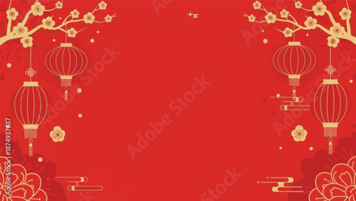 Happy Chinese New Year festive background with traditional lanterns and blooming branches on red