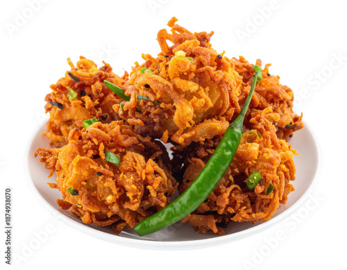 A plate of crunchy onion pakoras (piyaju) with green chili, isolated on white background.