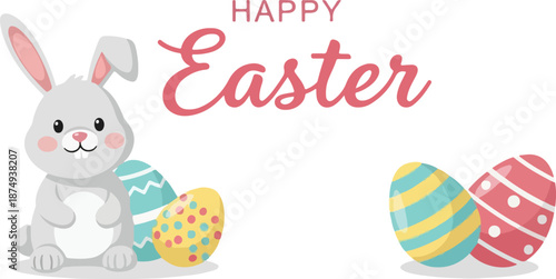 Happy Easter greeting card featuring a cute bunny and decorated eggs, perfect for spring celebrations and holiday messages