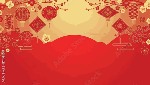 Festive Chinese New Year Decoration with Blooming Flowers and Traditional Lanterns