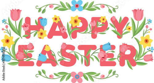 Happy Easter greeting surrounded by beautiful tulips, daffodils, and green leaves, celebrating spring and renewal