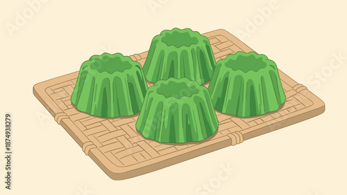 Four green pandan-flavored jelly desserts, known as agar-agar, are presented in a traditional flower mold shape on a woven bamboo tray.