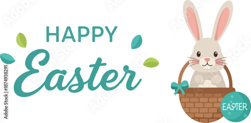 Happy Easter illustration with cute bunny in a basket and spring leaves, festive greeting card for celebration