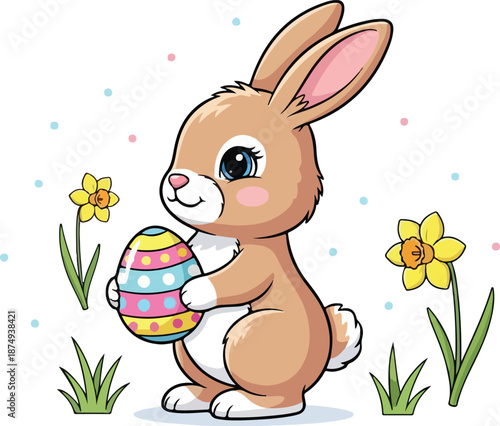 Cute Easter Bunny Holding a Colorful Egg in a Field of Daffodils with Bubbles