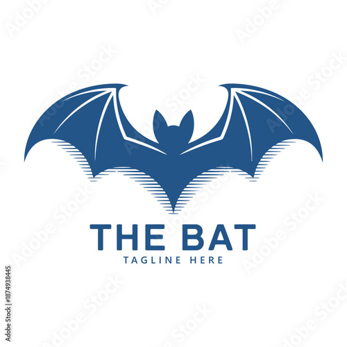 Blue bat logo with wings spread wide on white background