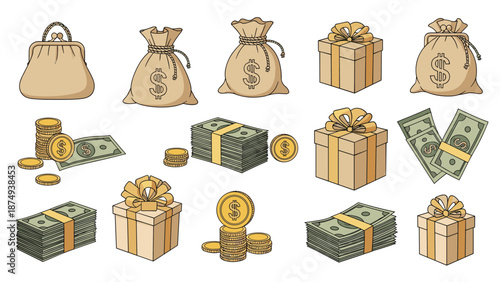 A large collection of hand-drawn money and gift-themed icons, including stacks of cash, coins, money bags, and beautifully wrapped gift boxes.