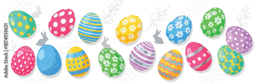 A festive and colorful collection of Easter eggs, decorated with charming patterns and adorable bunny silhouettes, perfect for spring celebrations and holiday themes