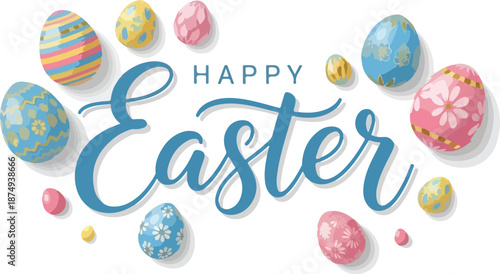 Happy Easter text with decorated Easter eggs in pastel colors, celebrating spring and holiday traditions