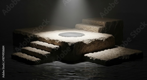 Dramatic stone steps leading to illuminated platform in dark water