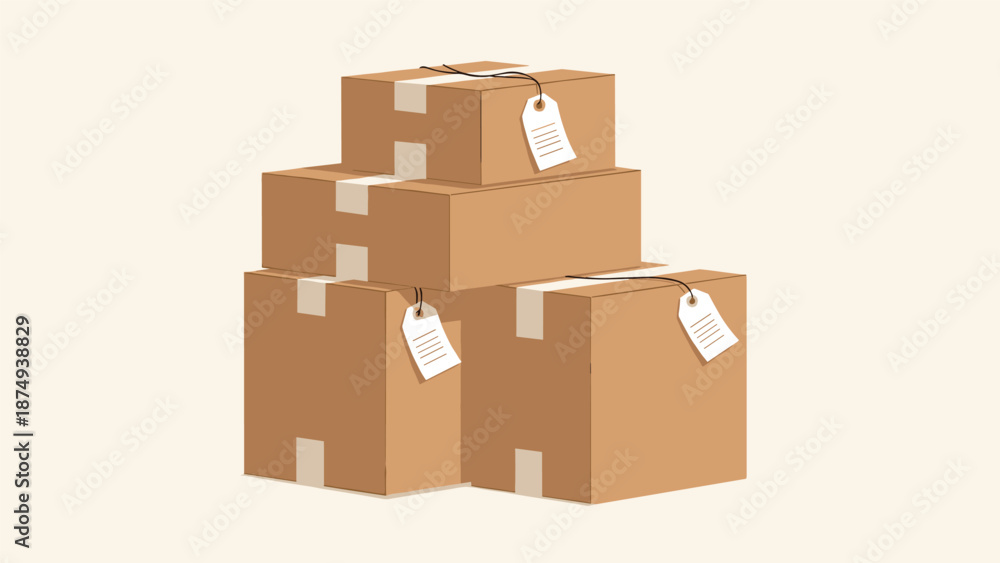 Fototapeta premium A stack of four plain brown cardboard boxes of various sizes, sealed with tape and featuring blank white tags tied to them with string.