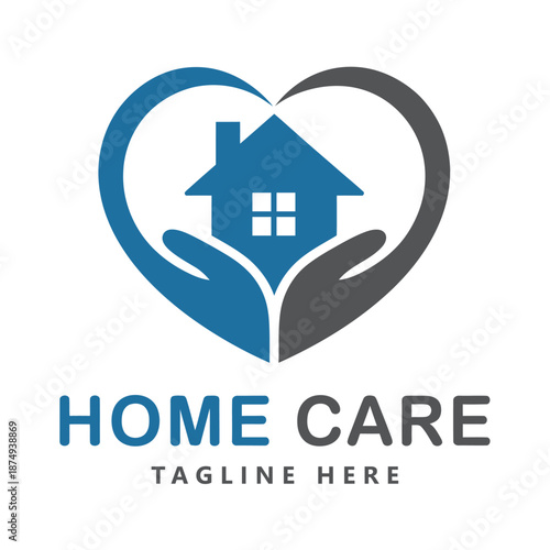Home care services logo with heart and hands holding house