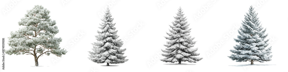 Naklejka premium Snow Covered Christmas Trees: Set of Four Isolated Conifers