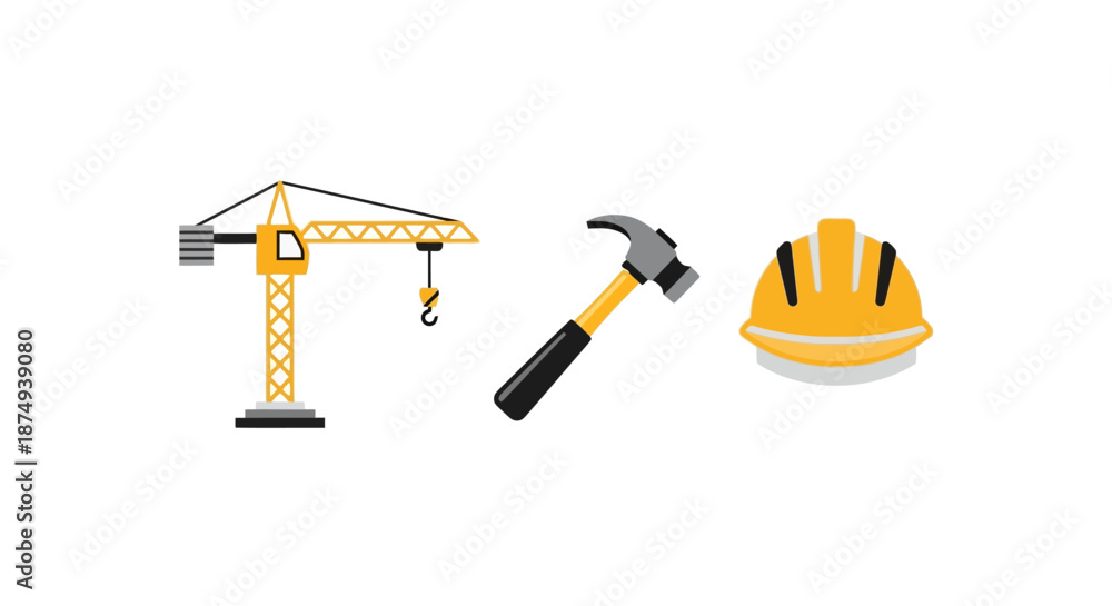 Fototapeta premium Construction Equipment - Crane, Hammer, and Hard Hat Illustration.