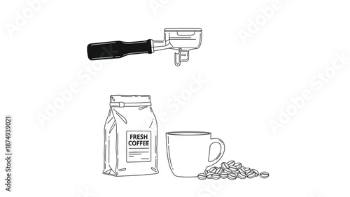 A minimalist black and white line art illustration showing essential coffee items: a portafilter, a bag of fresh coffee, a mug, and loose beans.