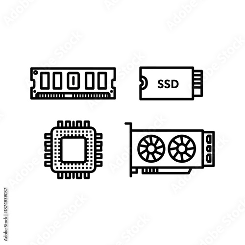 Computer Components - RAM, SSD, CPU, and Graphics Card in Black Outline Style.
