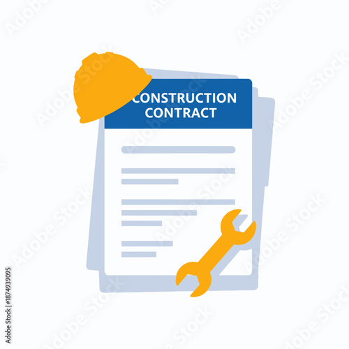 Construction Contract Document with Hard Hat and Wrench Illustration.