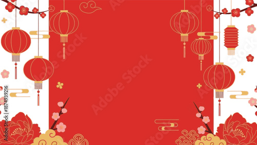 Festive Red Chinese New Year Lanterns and Cherry Blossoms Celebration Background
