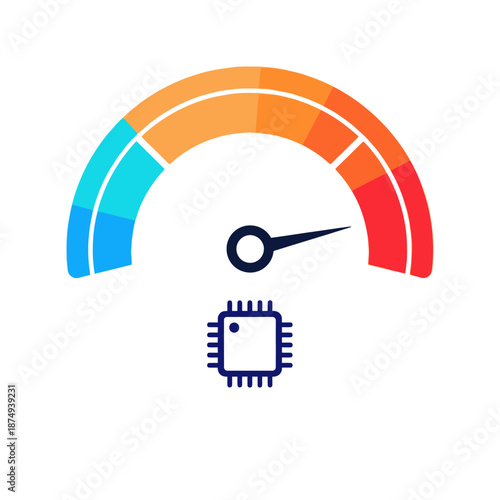 CPU Performance Meter - Colorful gauge with needle pointing right, chip icon below.