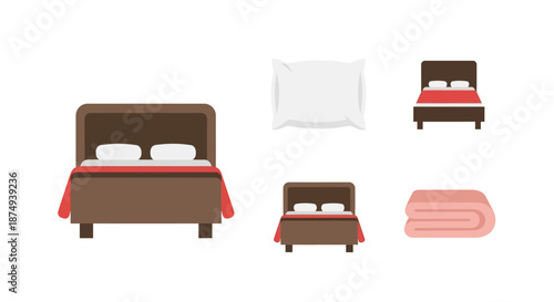 Cozy Bedroom Set with Bed, Pillows, and Blanket Illustration.