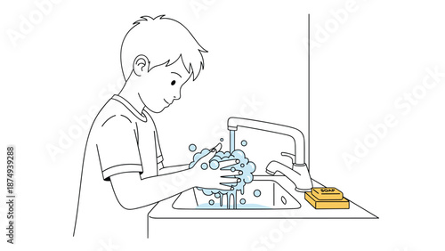 A line art drawing showing a young boy responsibly washing his hands with soap and water at a sink to maintain good personal hygiene.
