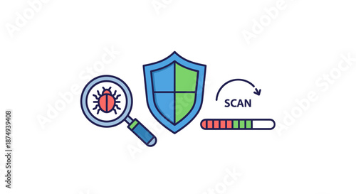 Cybersecurity icon set featuring a virus scan, protection shield, and system check progress bar.