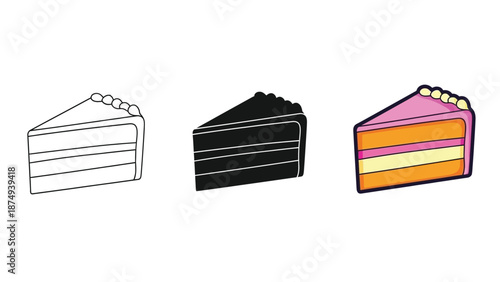 Set of three cake slice icons outline, solid black, and colorful illustration