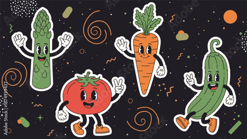 A groovy set of four retro cartoon vegetable characters, including asparagus, carrot, tomato, and cucumber, all waving and making peace signs.