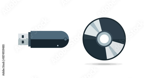 Dark USB Flash Drive and CD Disc with Silver Details, Data Storage Devices.